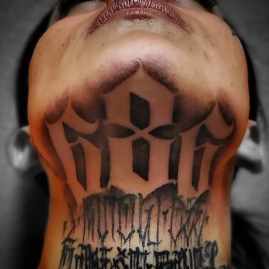 Big Blackwork Chinese Calligraphy Tattoo on Women Neck by @deft_ink