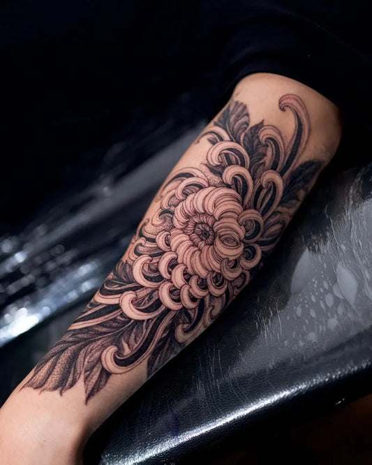 Big Blackwork Chrysanthemum Flower Tattoo on Women Arm by @arang_eleven