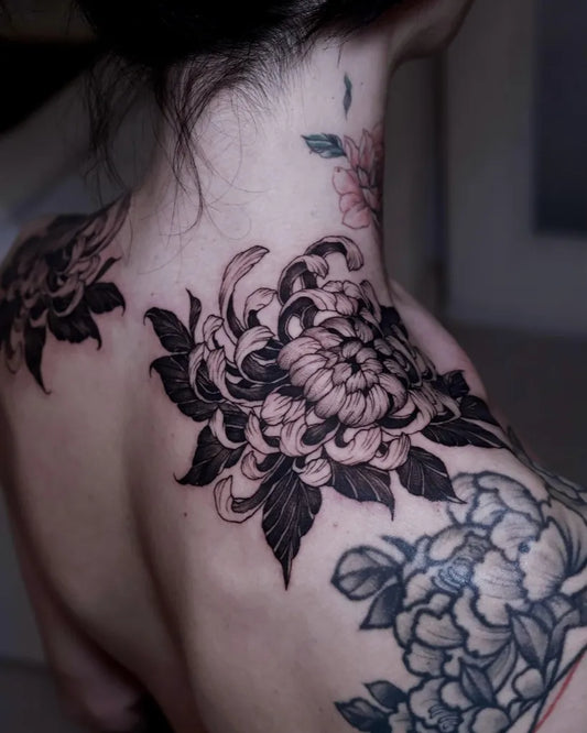 Big Blackwork Chrysanthemum Flowers in Black Tattoo on Women Back by @zuxgos