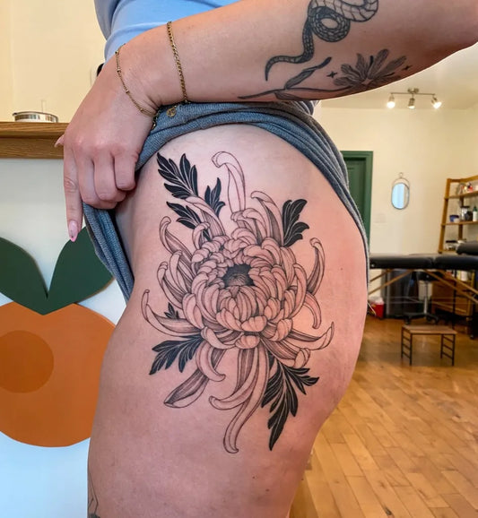 Big Blackwork Chrysanthemum Tattoo on Women Hip by @wildwoodandfern