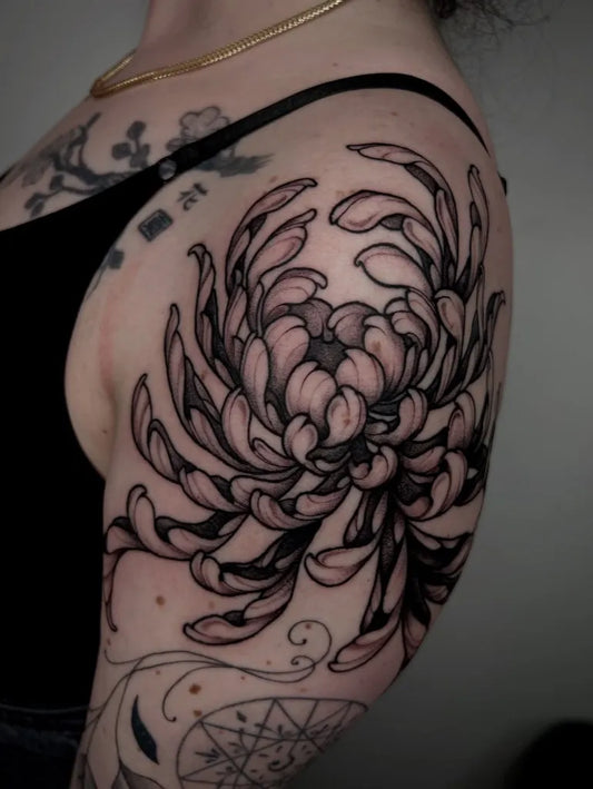 Big Blackwork Chrysanthemum Tattoo on Women Shoulder by @creaaxelle