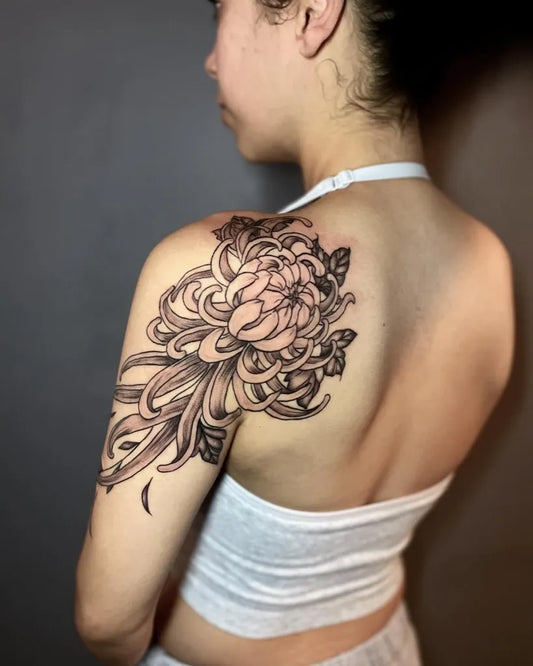 Big Blackwork Chrysanthemum Tattoo on Women Shoulder by @shixxtattoo