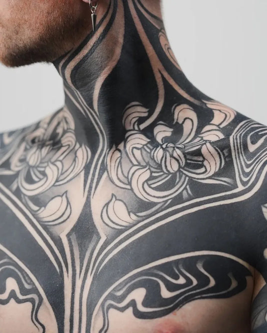 Big Blackwork Chrysanthemum on Men Neck Tattoo by @katiemizuno