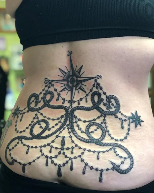 Big Blackwork Compass Chandelier Nautical Tattoo on Women Back by @latricia_star