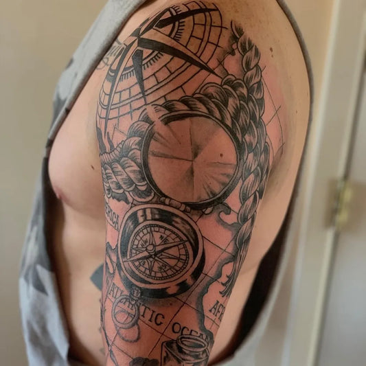 Big Blackwork Compass Rope Map Nautical Tattoo on Men Arm by @scketchpulu