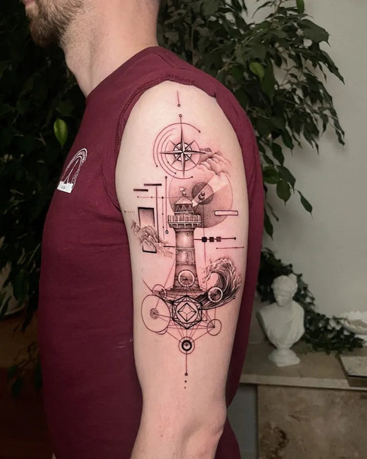 Big Blackwork Compass Tower Cloud Tattoo on Men UpperArm by @deos__tt