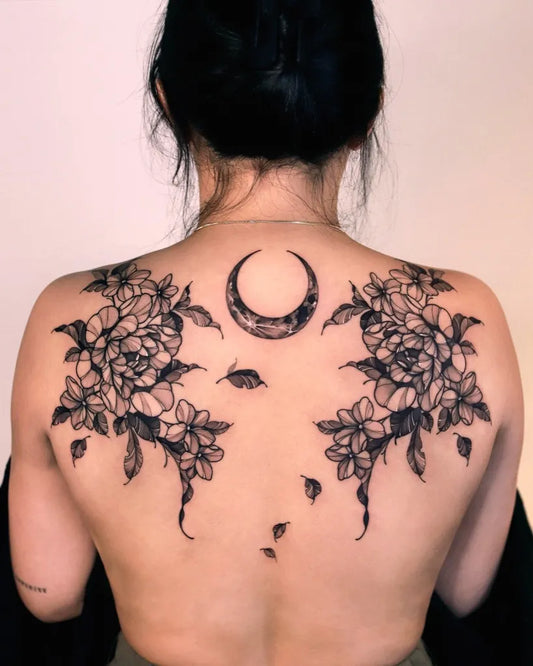Big Blackwork Crescent Moon and Peonies Tattoo on Women Back by @zeeyeart
