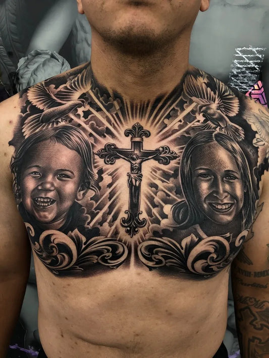 Big Blackwork Cross Family on Men Chest Tattoo by @rebelkolors