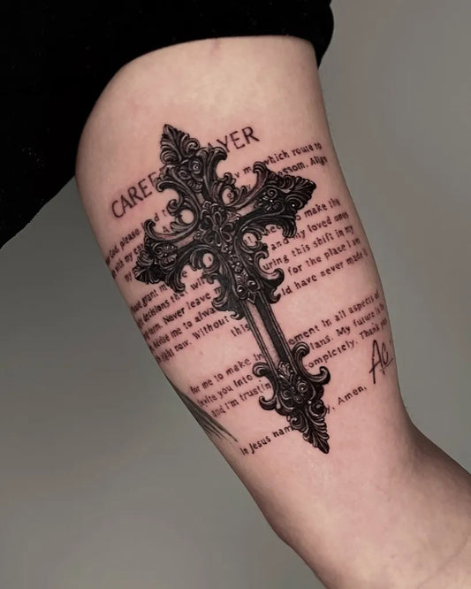 Big Blackwork Cross Script on Men Arm Tattoo by @vulcan_tattooer