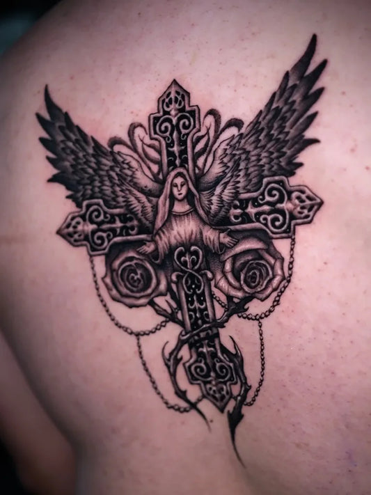 Big Blackwork Cross with Angel and Roses on Men Back Tattoo by @gizun__