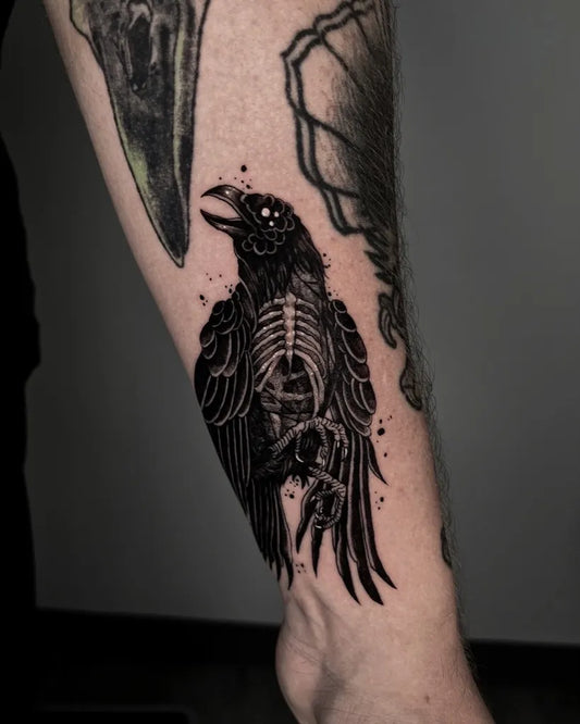 Big Blackwork Crow Skeleton Tattoo on Men Arm by @201tattooca