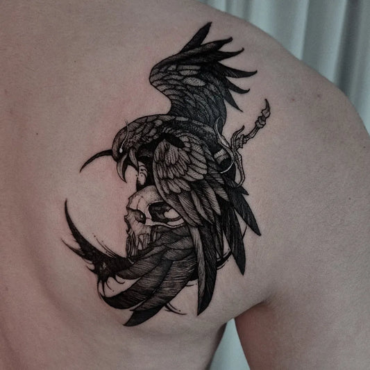 Big Blackwork Crow Skull and Moon Tattoo on Men Shoulder by @blackkayy