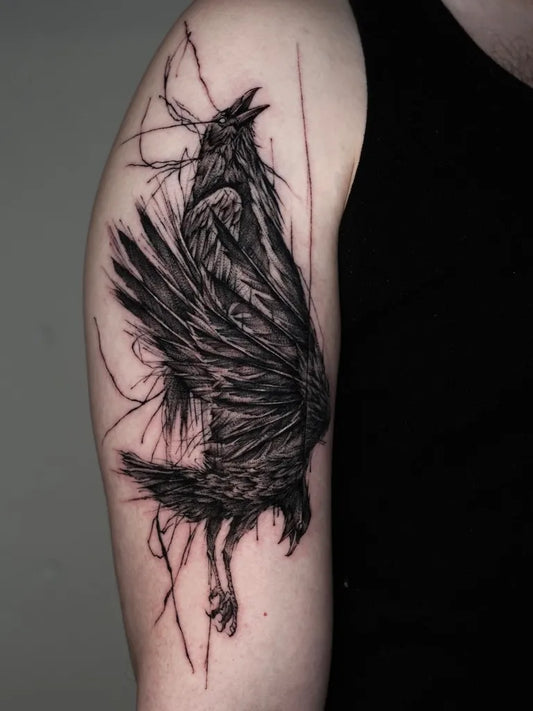 Big Blackwork Crow Tattoo on Men Arm by @bk_tattooer