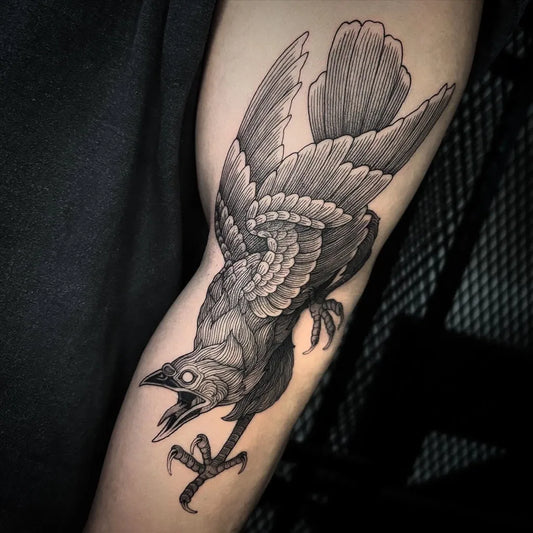 Big Blackwork Crow Tattoo on Men Arm by @eka_tattoo_bkk