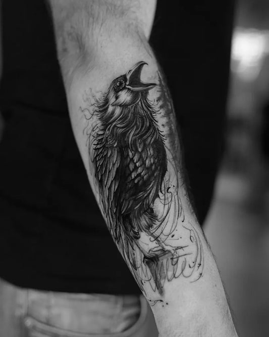 Big Blackwork Crow Tattoo on Men Arm by @piranhatattoostudios