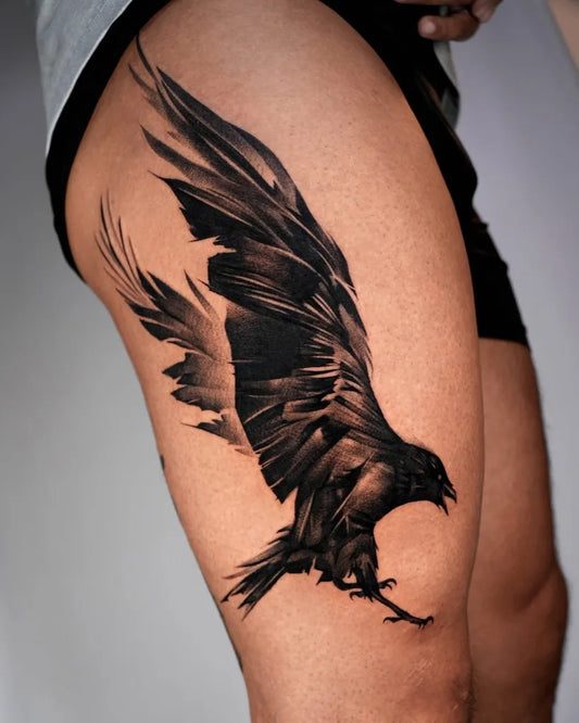 Big Blackwork Crow Tattoo on Women Thigh by @tattooist_mate