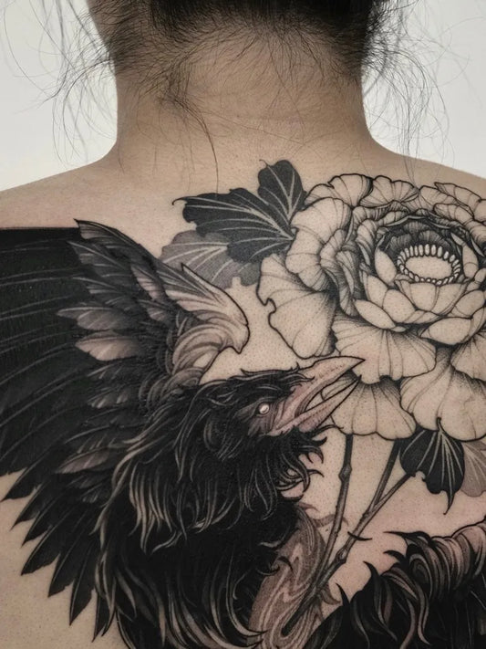 Big Blackwork Crow and Peony Tattoo on Women Back by @delicz.ttt