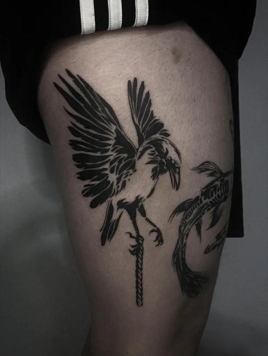 Big Blackwork Crow with Koi Tattoo on Men Thigh by @iiris_ink