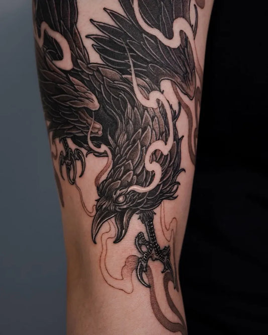 Big Blackwork Crow with Smoke Tattoo on Men Arm by @simya_tattoo