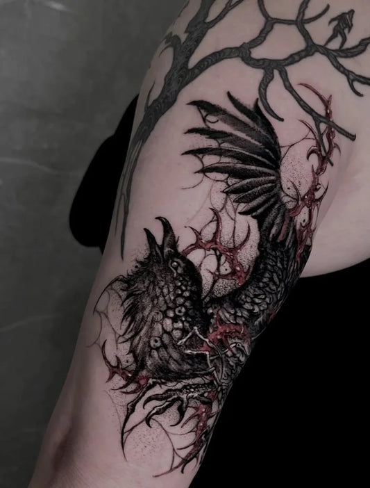 Big Blackwork Crow with Vines and Branches Tattoo on Women Arm by @gosu_tattoo