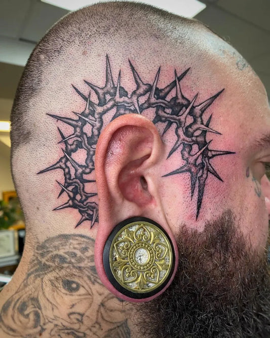 Big Blackwork Crown of Thorns Tattoo on Men Head by @omkaratattoo_philly