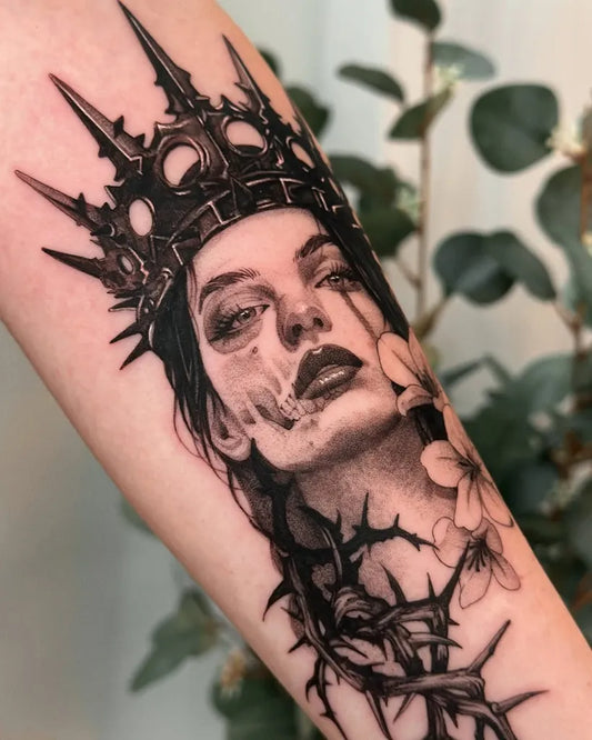 Big Blackwork Crowned Woman with Thorns and Flowers on Women Arm Tattoo by @tattoosfolder