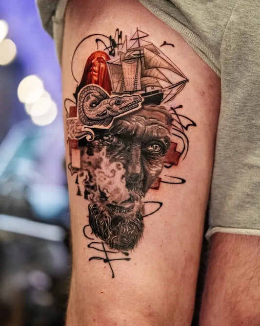 Big Blackwork Cthulhu Ship Portrait Nautical Tattoo on Men Thigh by @inkedmag