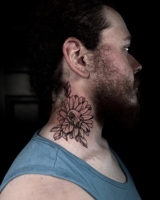 Big Blackwork Dahlia Skull on Men Neck Tattoo by @serena_tatuatore