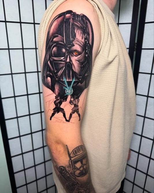 Big Blackwork Darth Vader Star Wars Tattoo on Men Arm by @kieran_w_tat_2