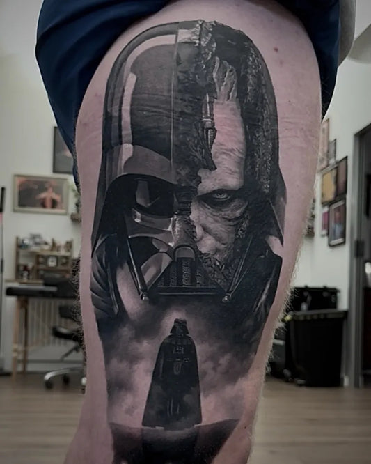 Big Blackwork Darth Vader Star Wars Tattoo on Men Thigh by @tom.tattoos