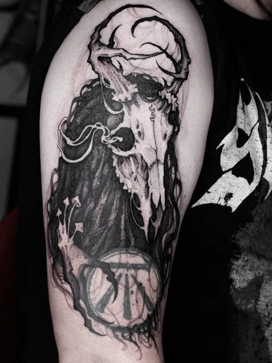 Big Blackwork Deer Skull with Tattoo on Men Arm by @nell_nebula