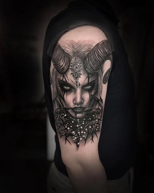 Big Blackwork Demon Face Tattoo on Men Shoulder by @iconyxtattoo