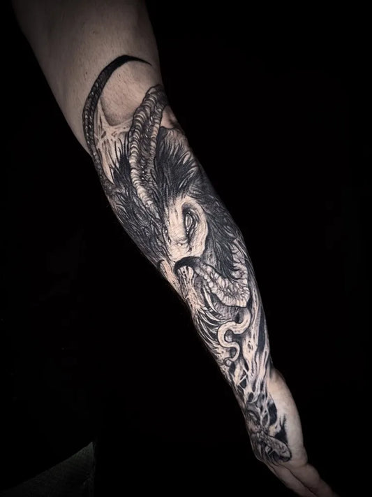 Big Blackwork Demon Goat Tattoo on Men Arm by @ludo_mortuus