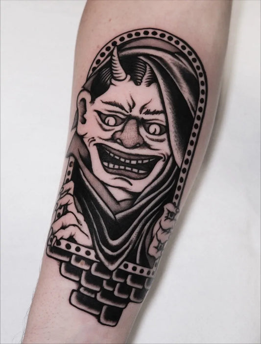 Big Blackwork Demon Mask Tattoo on Men Arm by @chirima_blk
