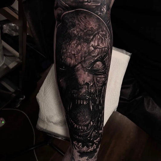 Big Blackwork Demon Tattoo on Men Arm by @marcwarrentattoo