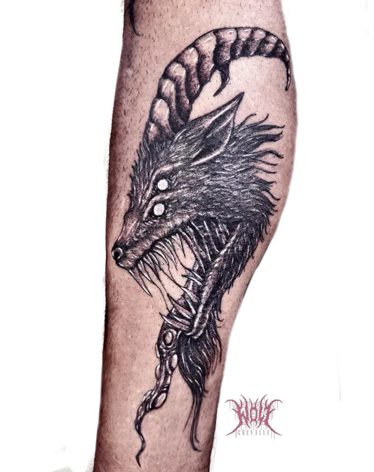 Big Blackwork Demon Tattoo on Men Leg by @edwardwolfofficial