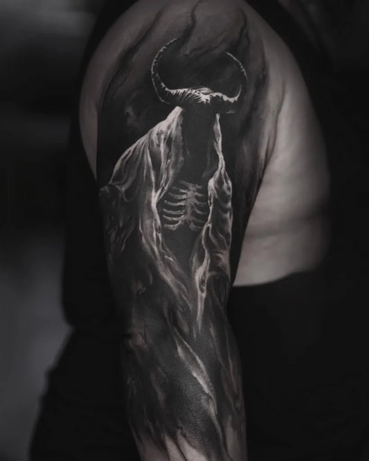 Big Blackwork Demon Tattoo on Men Shoulder by @leanaink