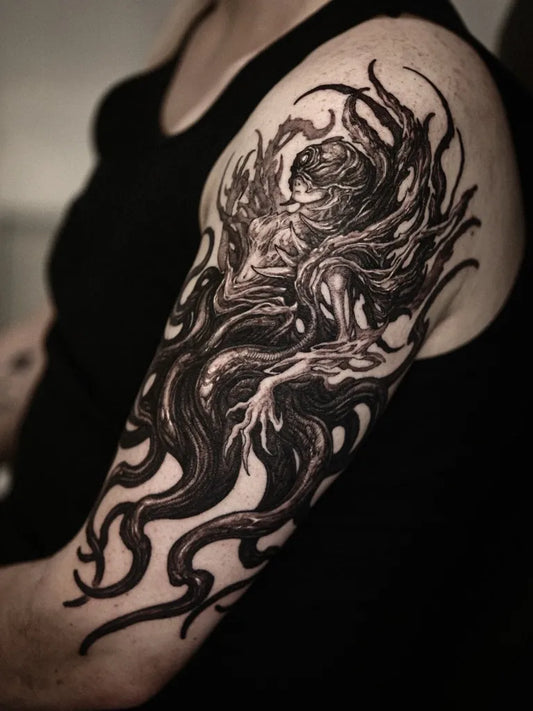 Big Blackwork Demon Tentacles Tattoo on Women Upper Arm by @rokyeom_
