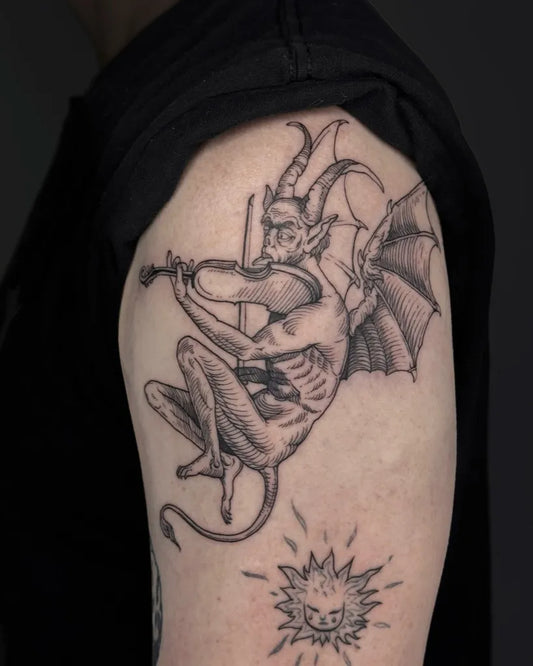 Big Blackwork Demon Violin Tattoo on Men Shoulder by @bonddear