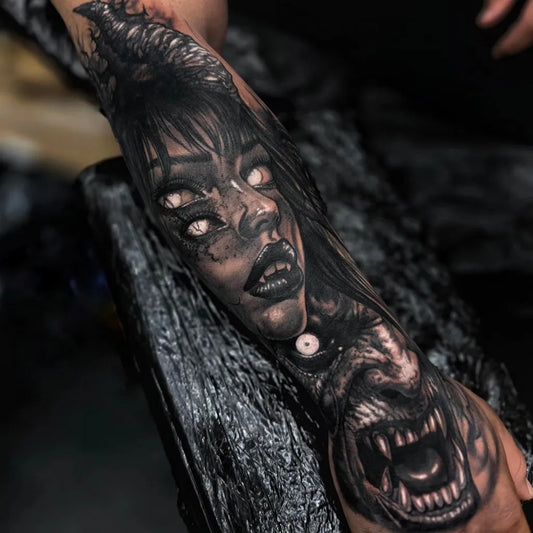 Big Blackwork Demon Woman Arm by @cool.tattoo.username
