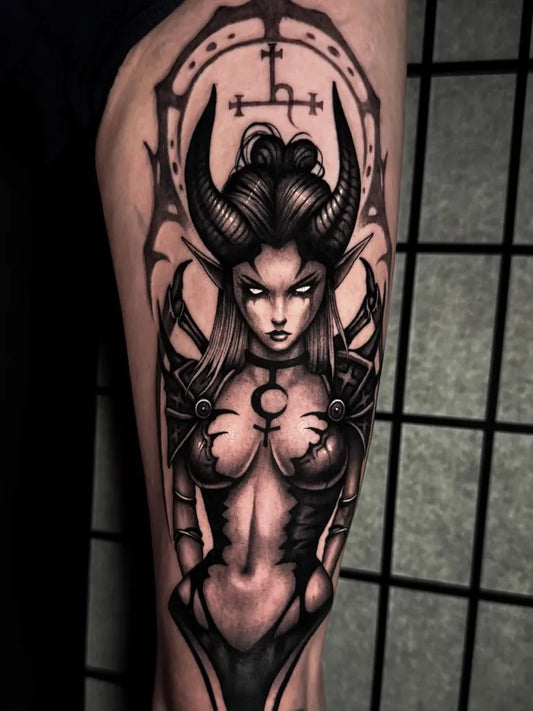 Big Blackwork Demon Woman Tattoo on Women Thigh by @zebra_ink_