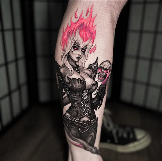 Big Blackwork Demon Woman Thigh by @zebra_ink_