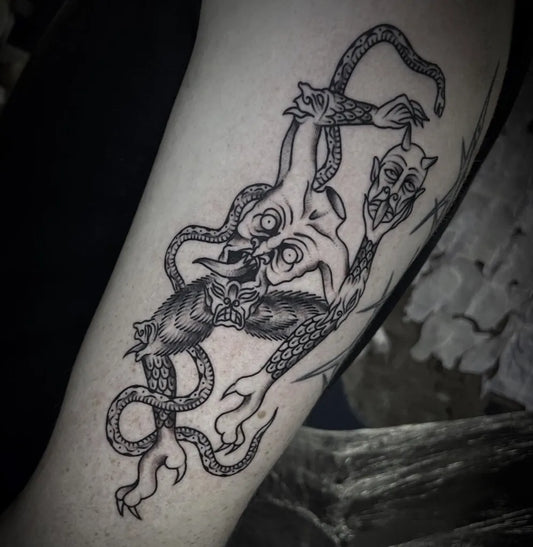 Big Blackwork Demon and Snakes Tattoo on Men Arm by @bigcarltattooer