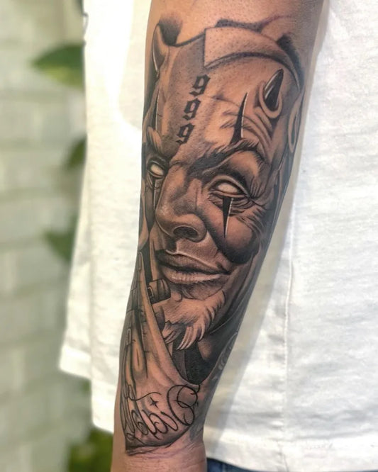 Big Blackwork Demon with 999 Tattoo on Men Arm by @inkscooltattoos