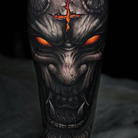 Big Blackwork Demon with Inverted Cross Tattoo on Men Leg by @tattoosnob