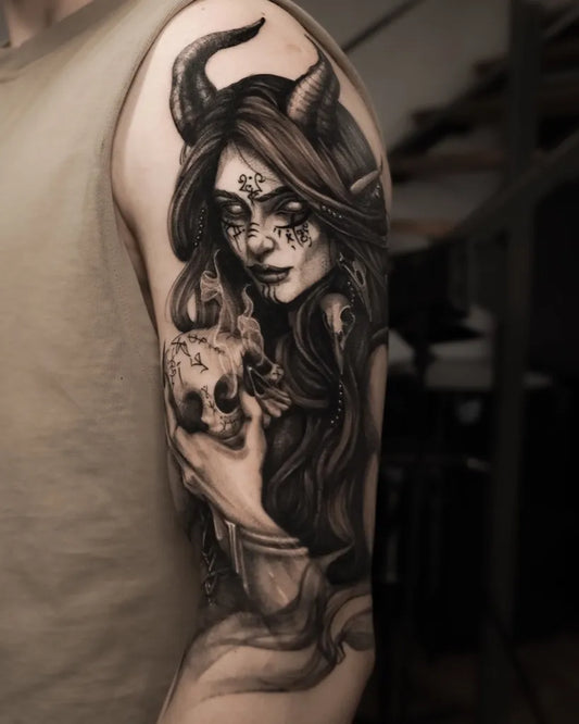 Big Blackwork Demon with Skull Tattoo on Men Upper Arm by @_homearmy_