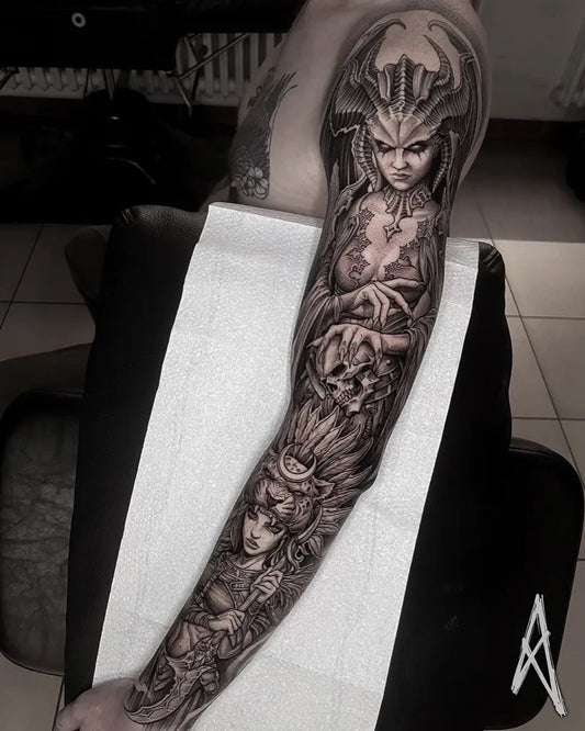 Big Blackwork Demoness Skulls on Men Arm Tattoo by @tattoosfolder