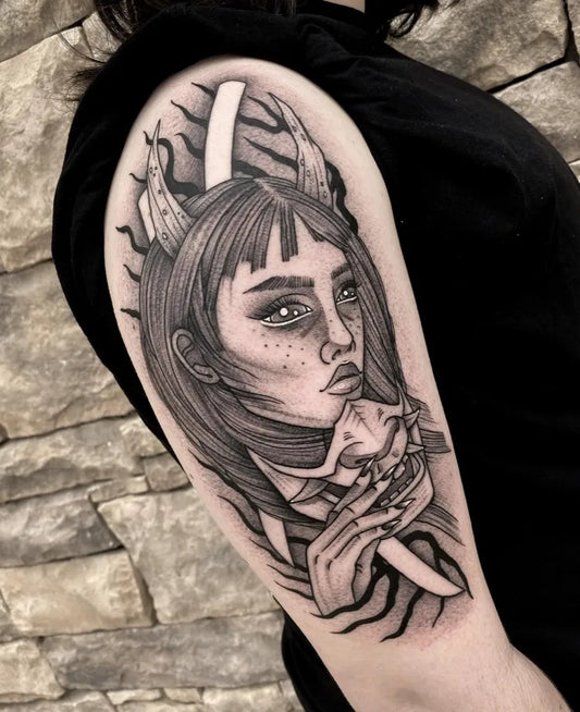 Big Blackwork Demoness with Skull Tattoo on Women Bicep by @marissakaytattoo