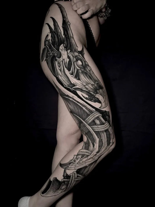 Big Blackwork Demonic Goat on Women Leg Tattoo by @lorenzo_colore_tattoo