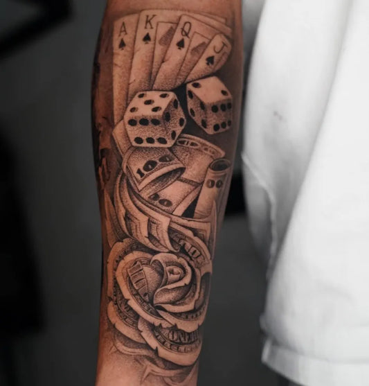 Big Blackwork Dice Cards Money Tattoo on Men Arm by @jedattboy